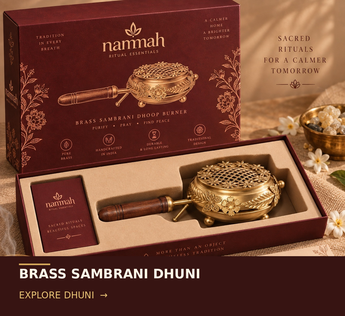 Brass dhuni with long handle for aarti and puja, Nammah Rituals