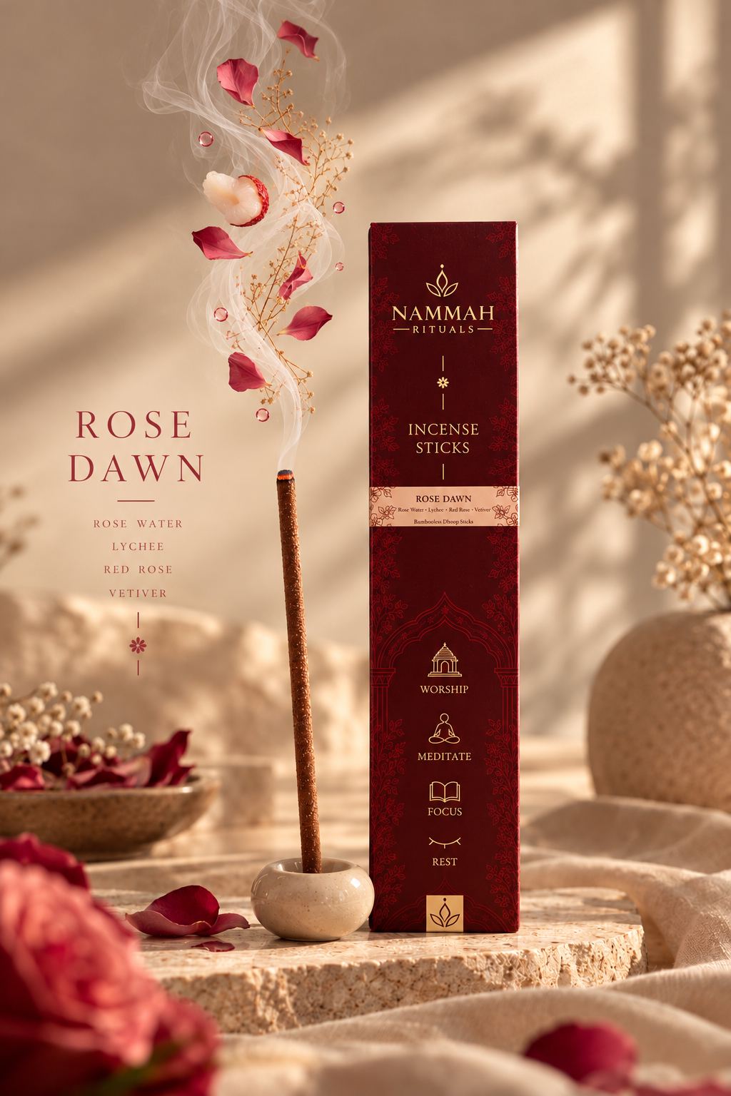 Rose Dawn – Indian Rose Bamboo-Free Dhoop, Charcoal-Free Cow Dung, 25 Sticks + Ceramic Stand