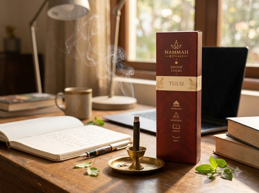 Tulsi dhoop stick burning on a study desk