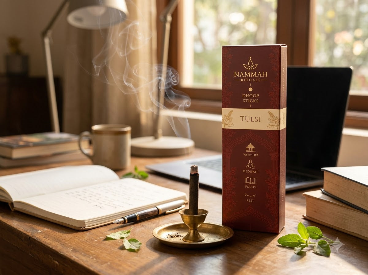 Tulsi dhoop stick burning on a study desk