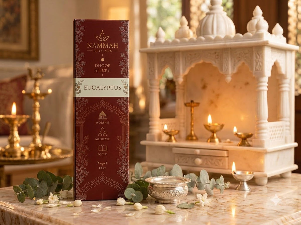 Eucalyptus dhoop sticks box with ceramic stand, Nammah Rituals