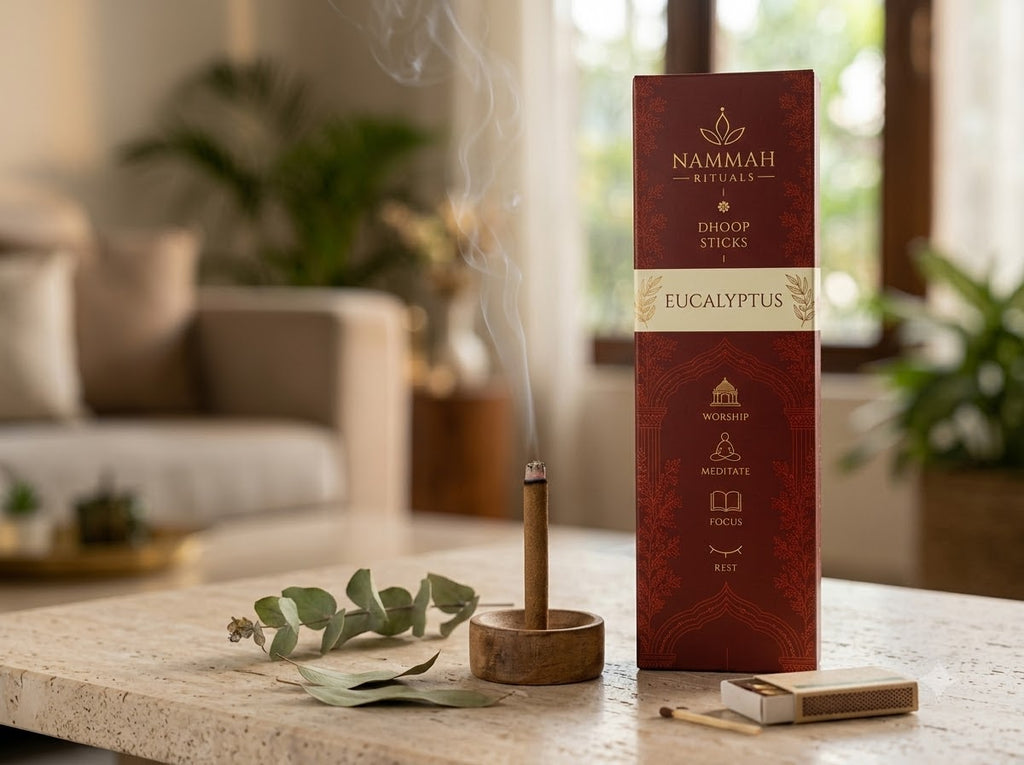 Eucalyptus dhoop stick burning with rising smoke