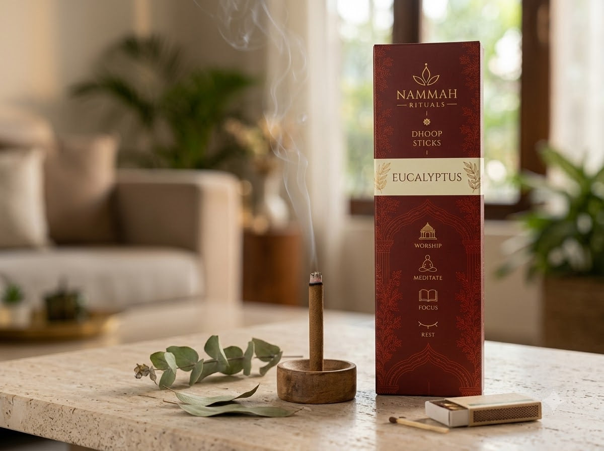 Eucalyptus dhoop stick burning with rising smoke