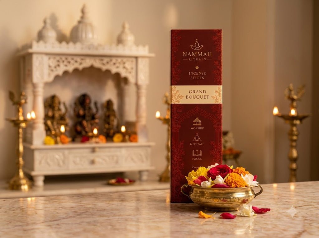 Grand Bouquet incense box standing before a white temple shrine, with a bowl of mixed flowers