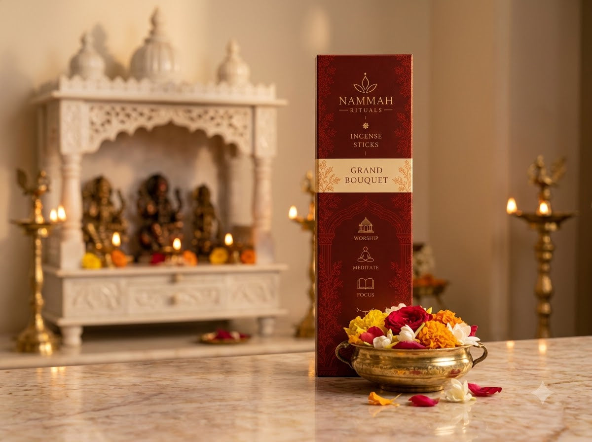 Grand Bouquet incense box standing before a white temple shrine, with a bowl of mixed flowers