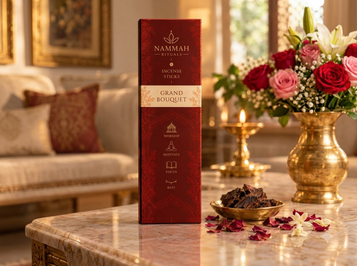 Grand Bouquet incense box on a marble table with a bowl of dark resin and scattered petals