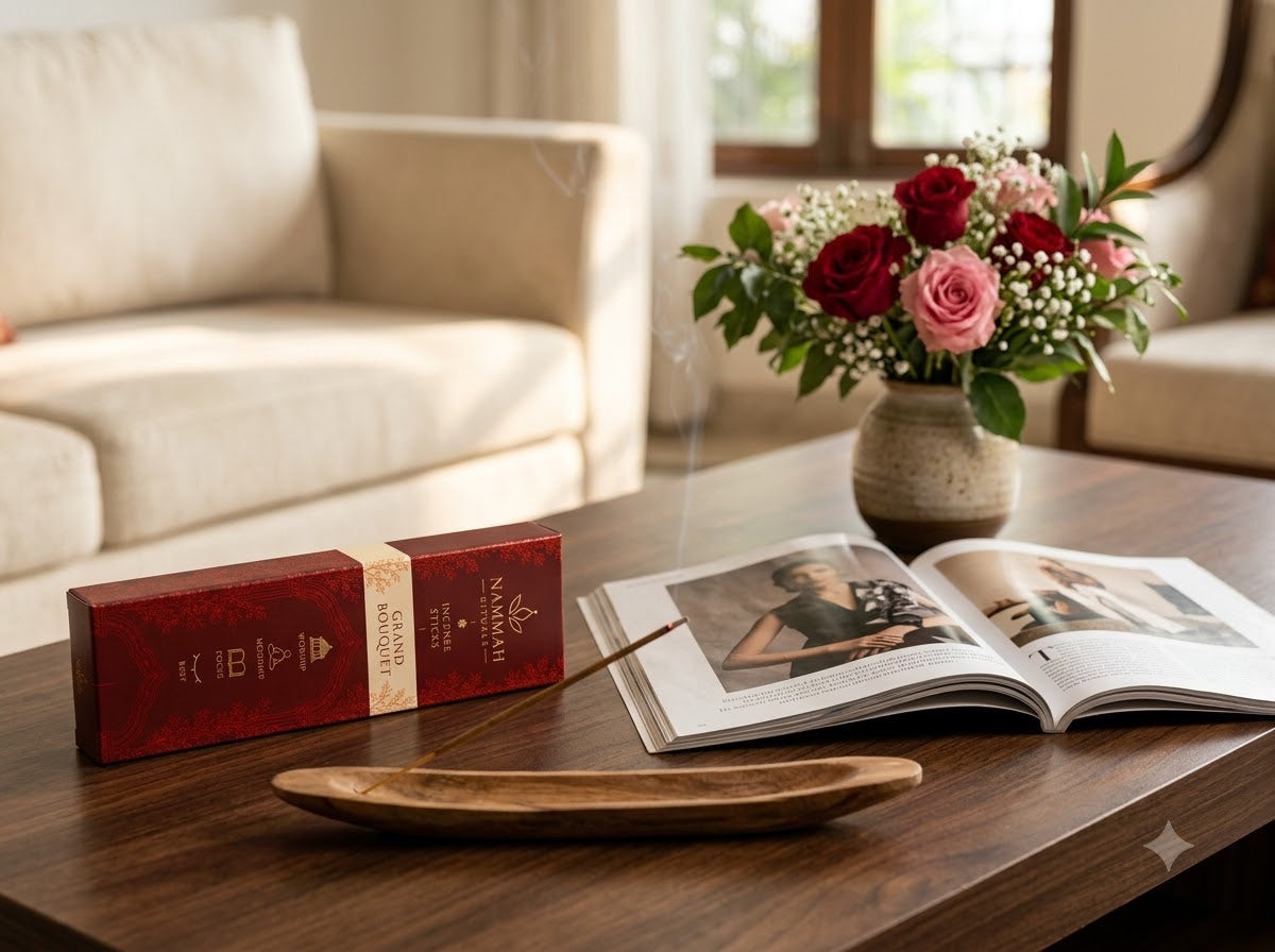 Grand Bouquet incense stick burning in a wooden holder beside its box, with a rose bouquet and an open magazine on a coffee table