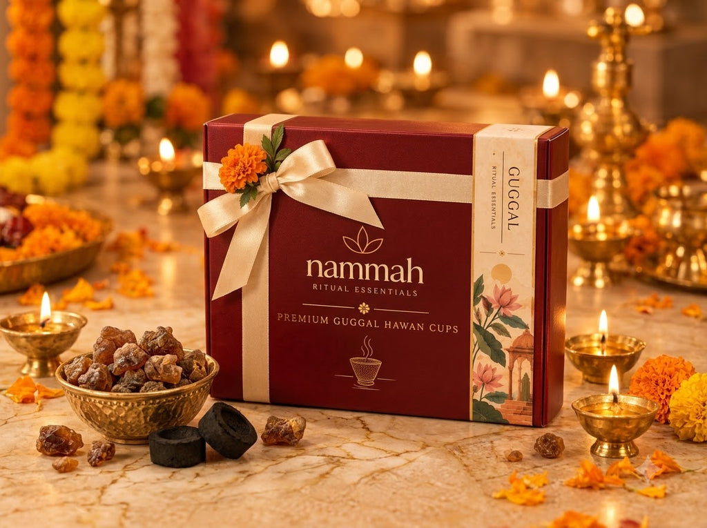 Guggal hawan cups box displayed, Nammah Rituals