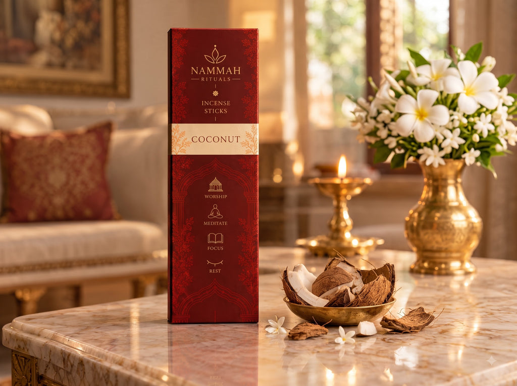 Coconut Silk incense box displayed on a marble console table