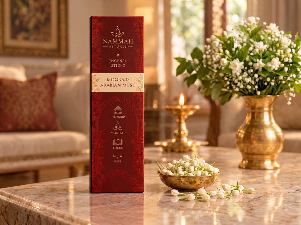 Midnight Jasmine incense box displayed on a marble console table