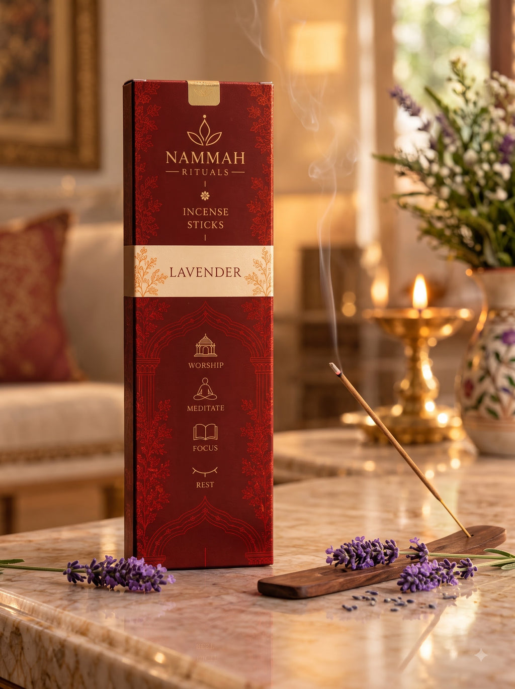 Lavender Reserve incense stick burning on a coffee table