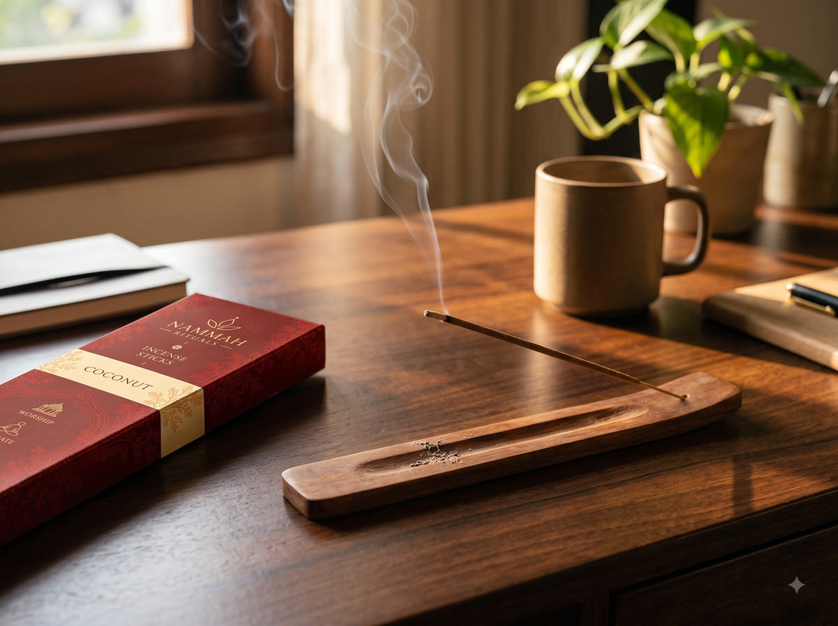Coconut Silk incense stick burning on a wooden desk with rising smoke