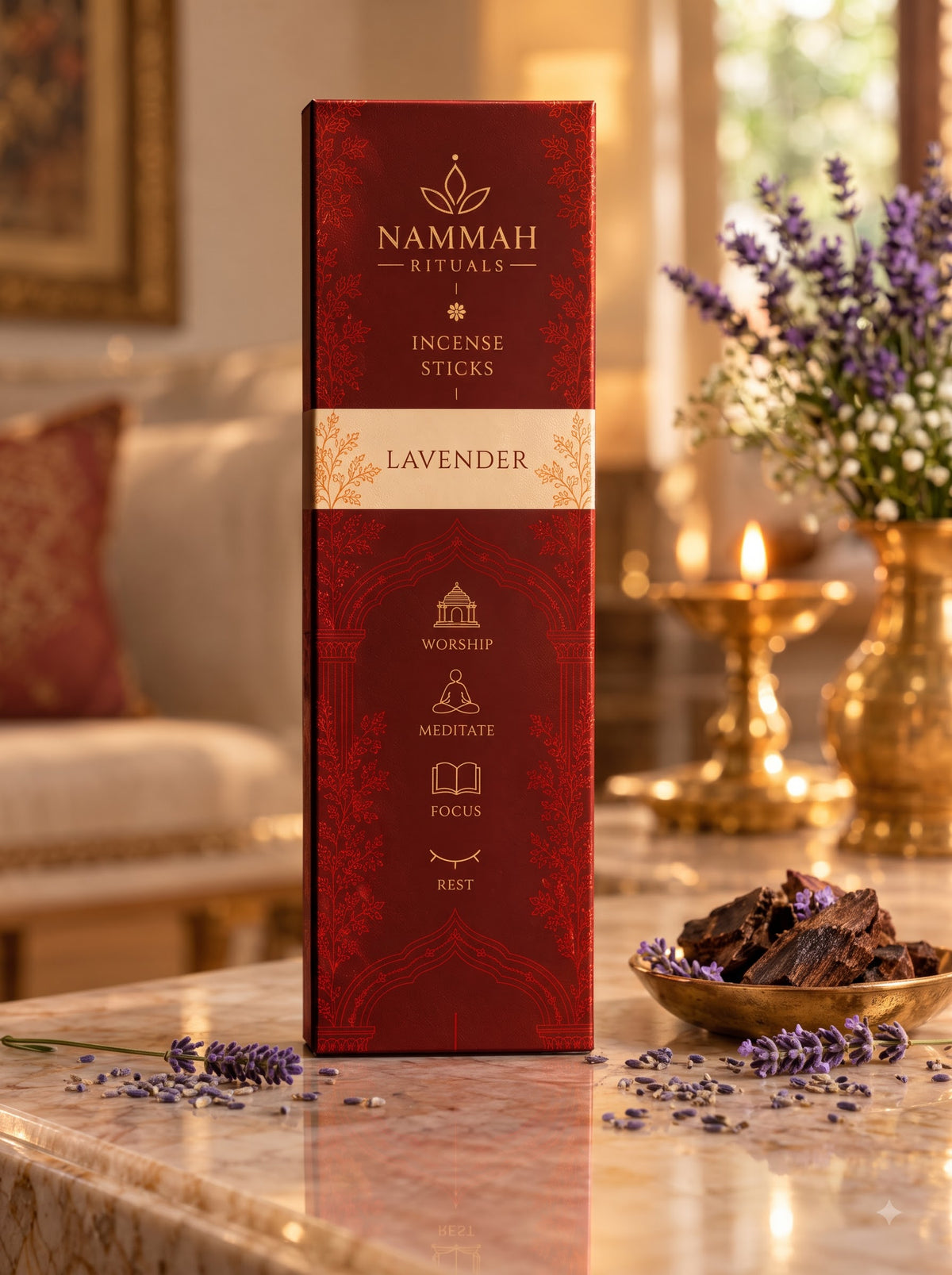 Lavender Reserve incense box displayed on a table