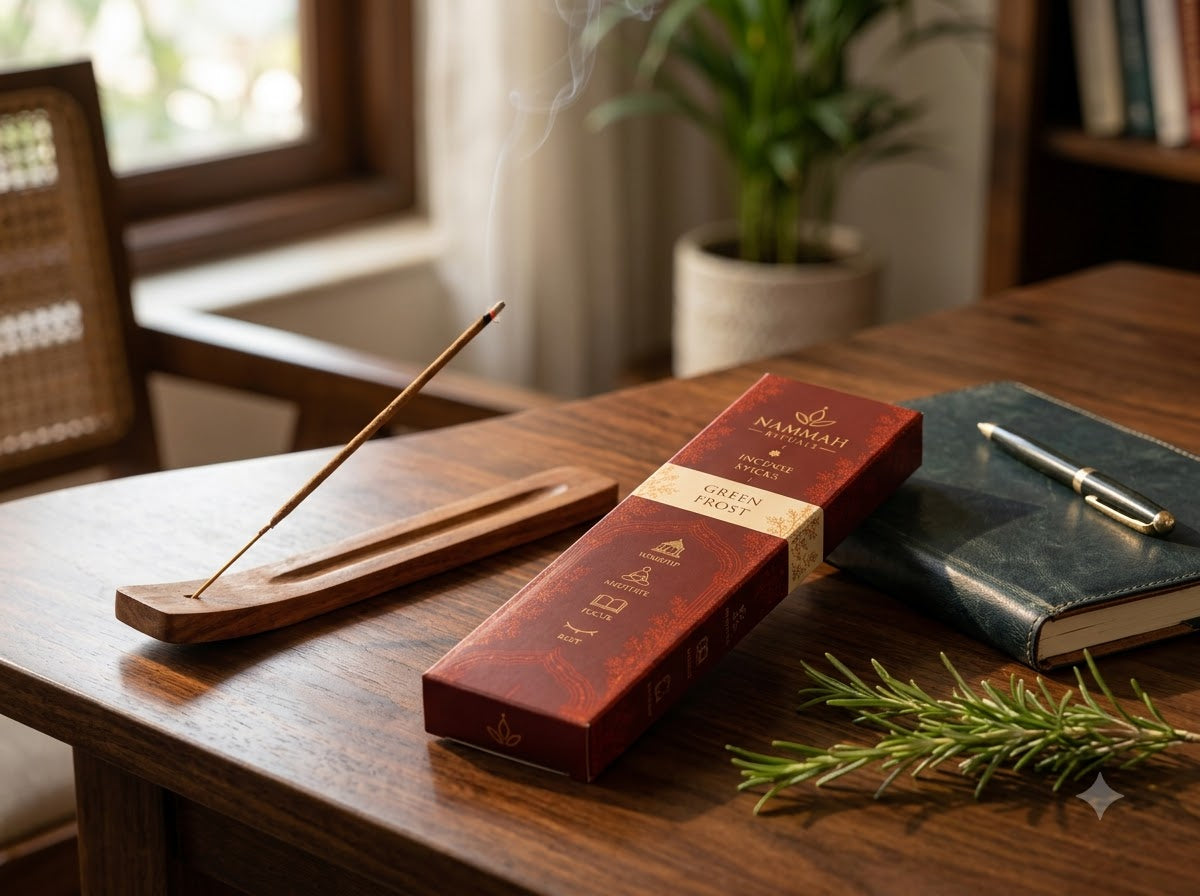 Green Frost incense stick burning on a desk with rising smoke