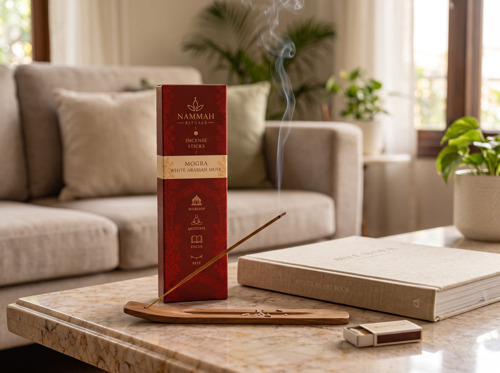 Midnight Jasmine incense stick burning with smoke curling on a table