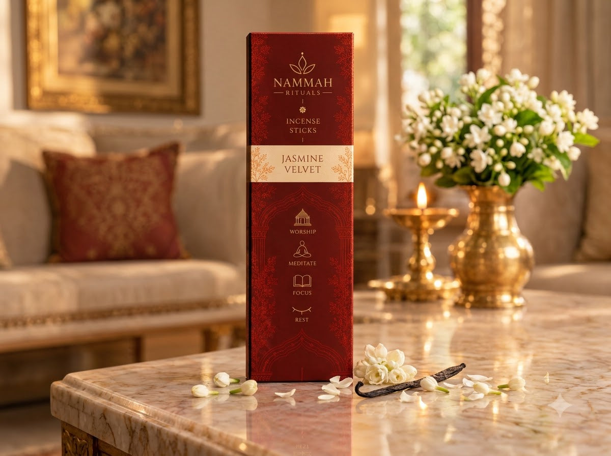 Jasmine Velvet incense box on a marble table with vanilla pods and jasmine blossoms, a lit brass diya glowing beside it