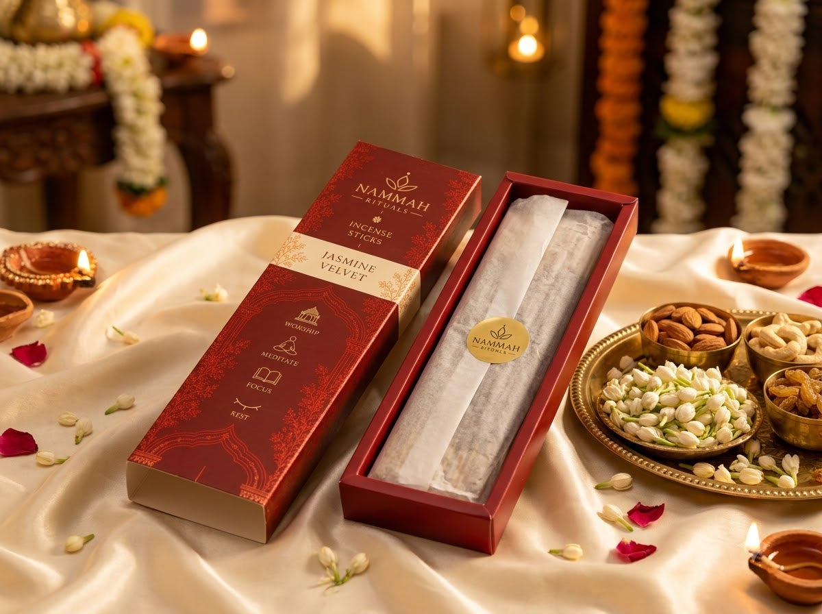 Open Jasmine Velvet incense box showing the wrapped stick bundle, set on silk fabric with diyas and a puja thali of dry fruits and jasmine buds