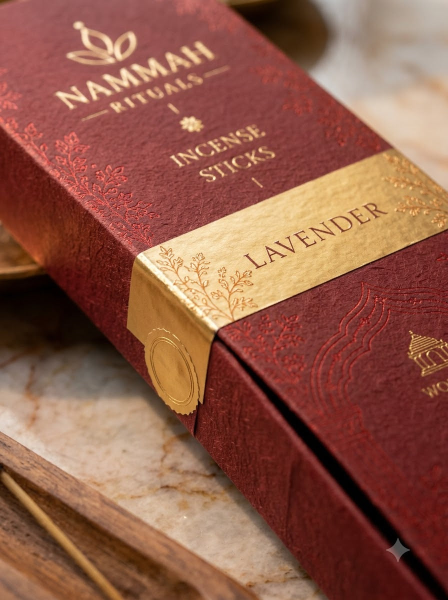 Macro close-up of the Lavender Reserve incense packaging