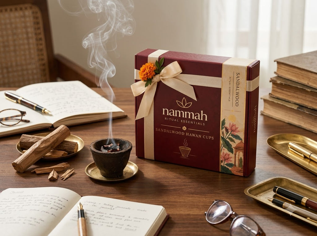 Lit sandalwood hawan cup burning during home puja