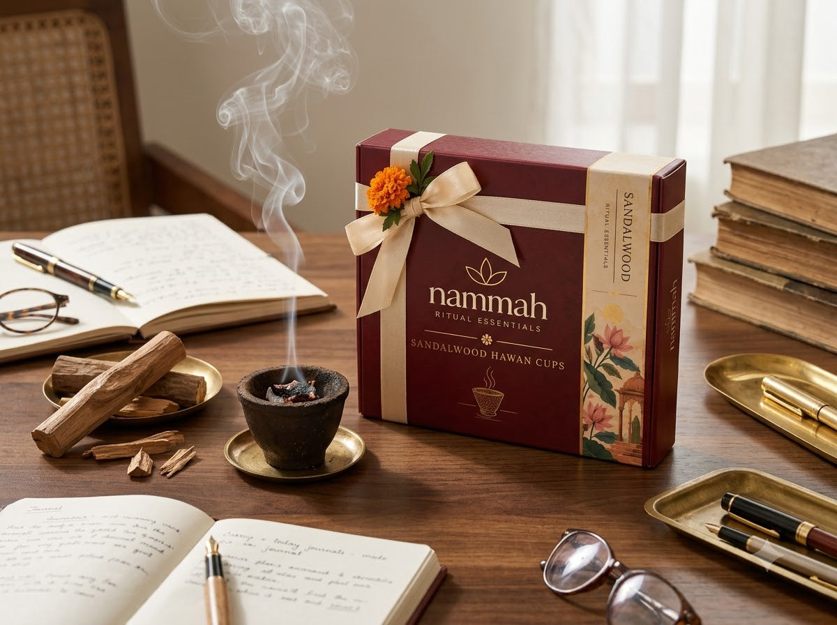 Lit sandalwood hawan cup burning during home puja