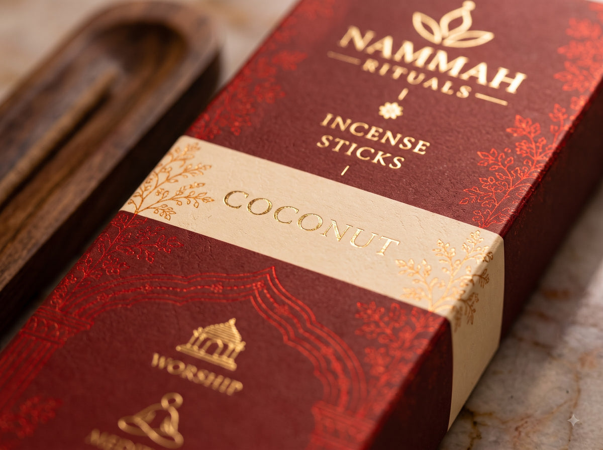 Macro close-up of the Coconut Silk incense box and ritual details