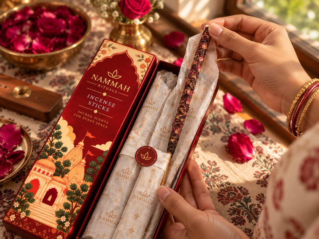 Nammah Rituals incense box being unboxed, showing Rose Oud sticks inside
