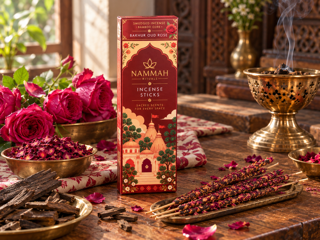 Rose Oud smudged incense sticks arranged in a ritual still life with petals and ash catcher
