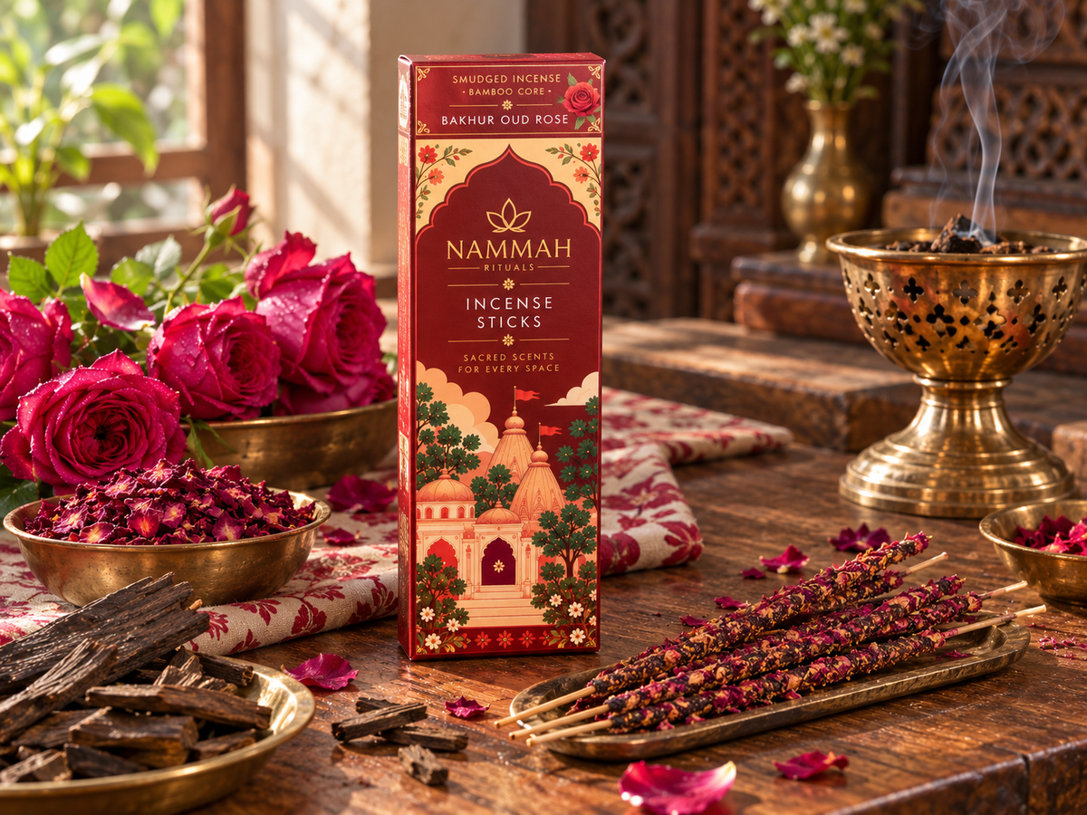 Rose Oud smudged incense sticks arranged in a ritual still life with petals and ash catcher