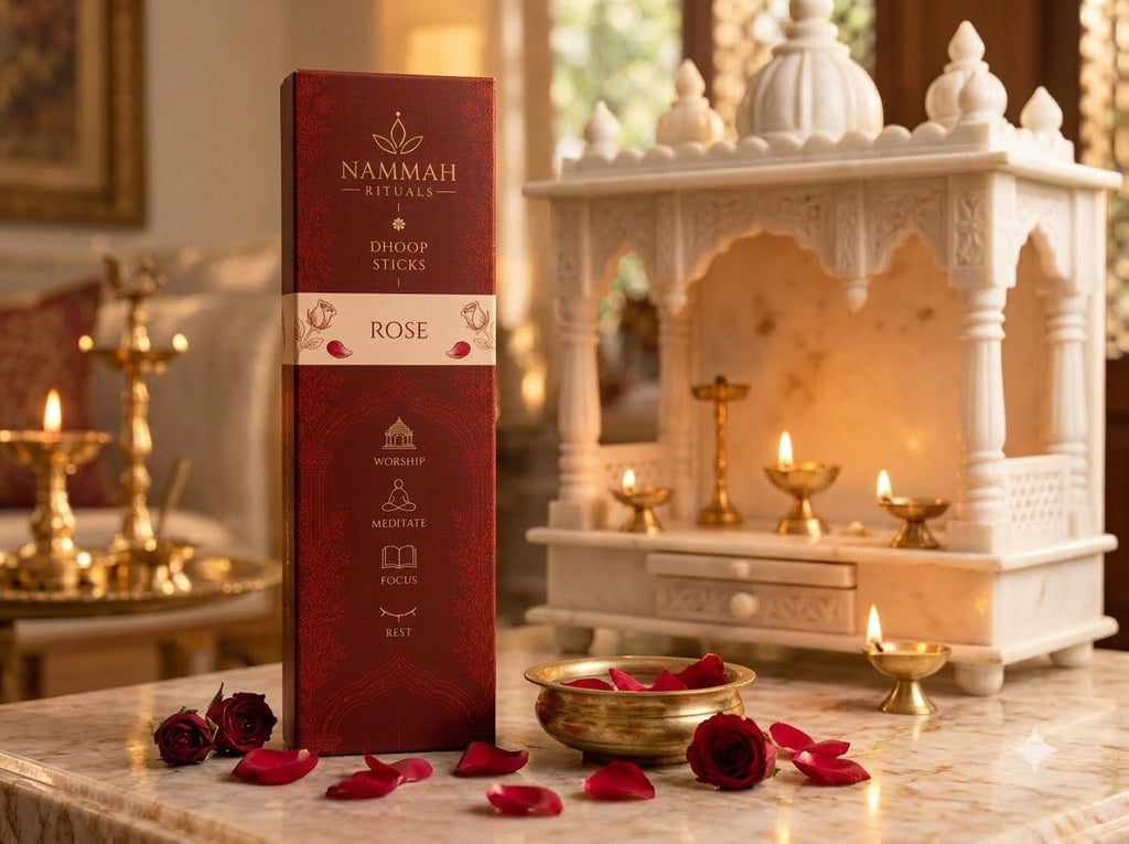 Rose dhoop sticks box with ceramic stand, Nammah Rituals