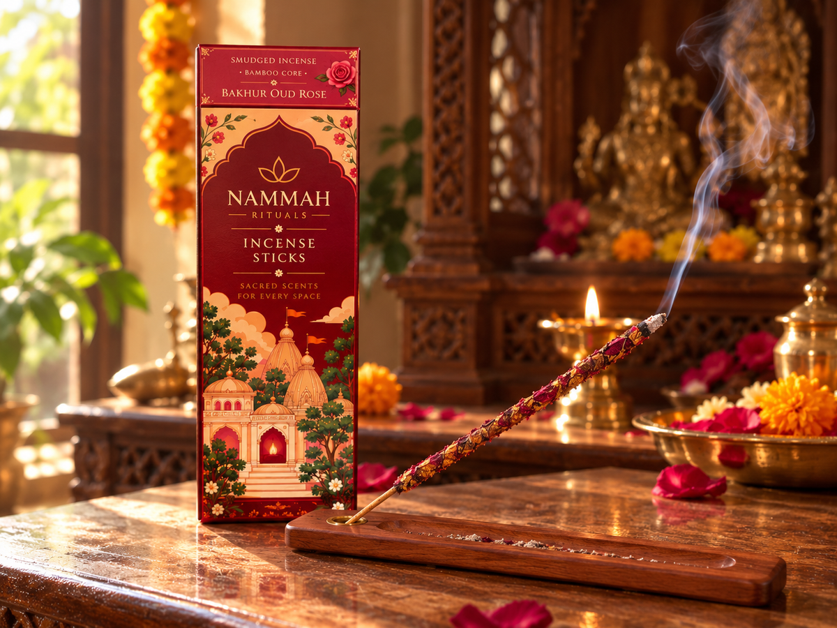 Rose Oud smudged incense stick burning at golden hour with rose petals nearby