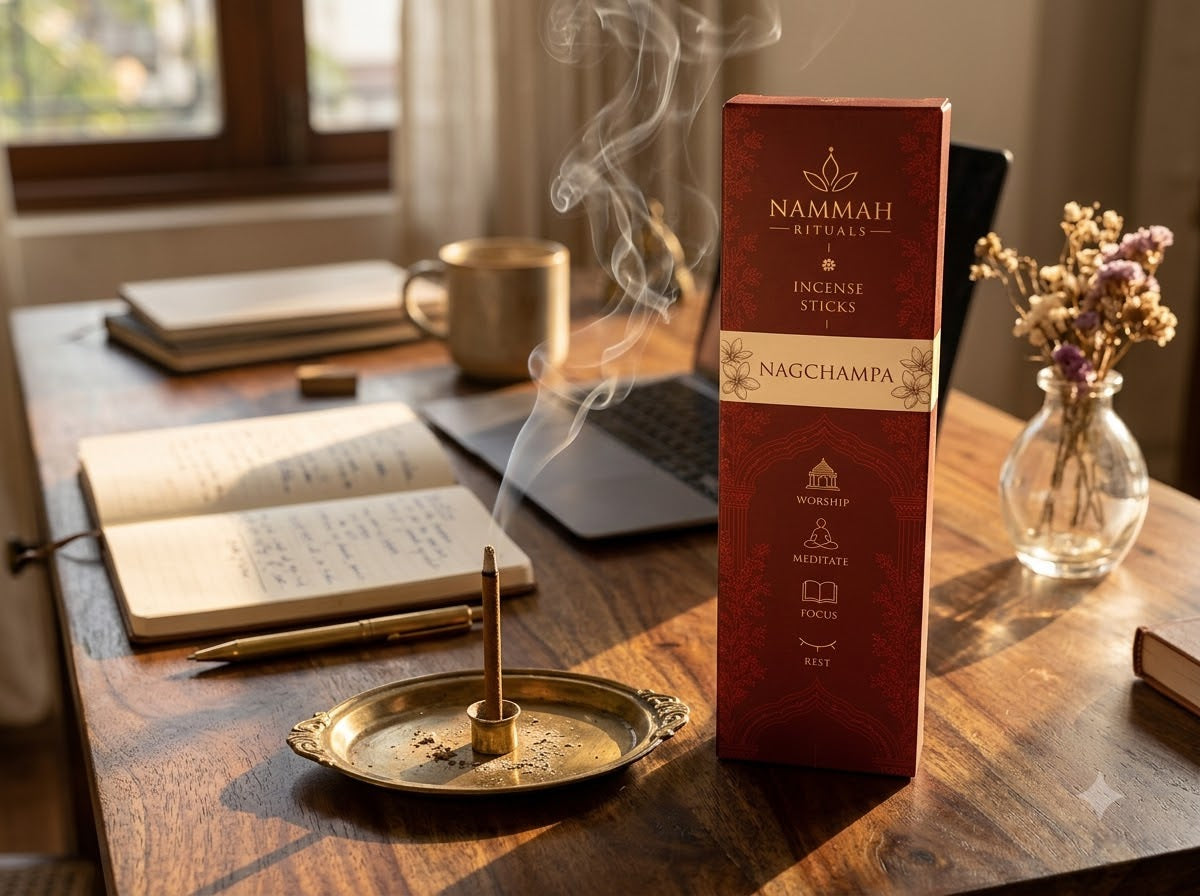 Nagchampa dhoop stick burning on a desk