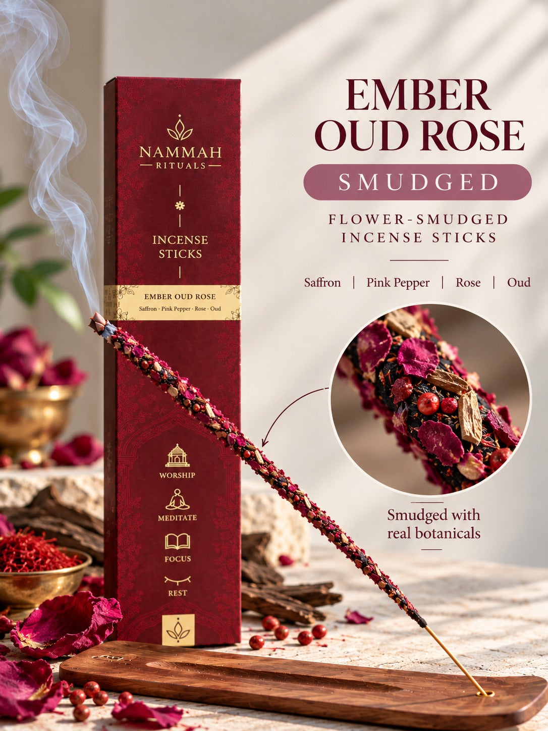 Ember Oud Rose – Rose Oud and Bakhur Smudged Incense Sticks, Petal-Rolled Cow Dung Agarbatti, 10 Sticks