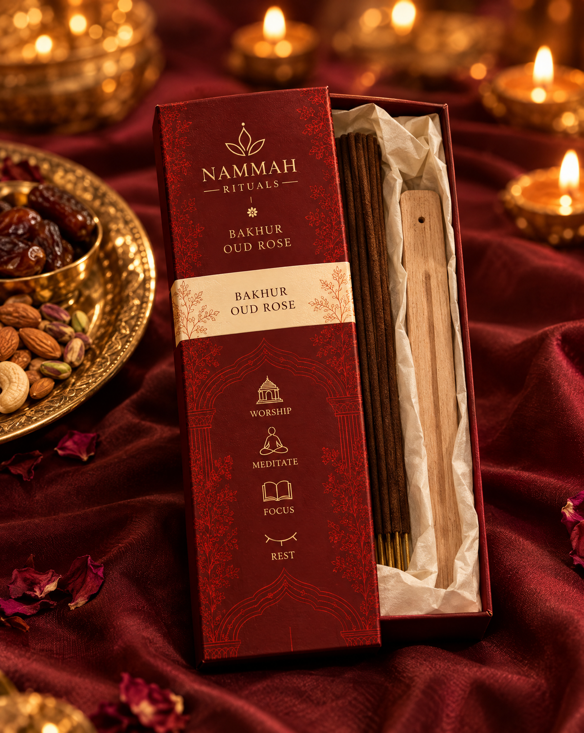 Bakhur Oud Rose – Rose Oud and Bakhur Smudged Incense Sticks, Petal-Rolled Cow Dung Agarbatti, 40 Sticks
