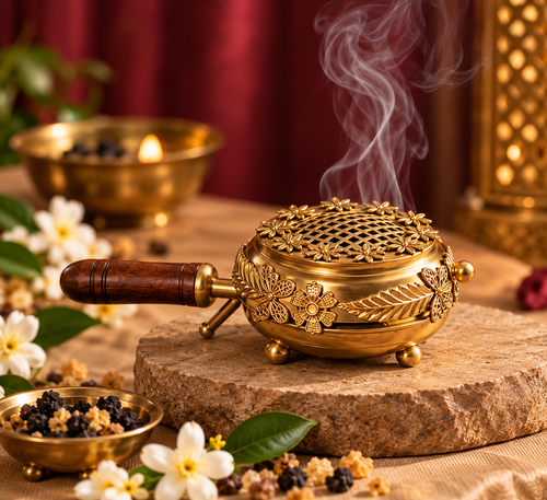Brass dhuni with handle, alternate angle, Nammah Rituals