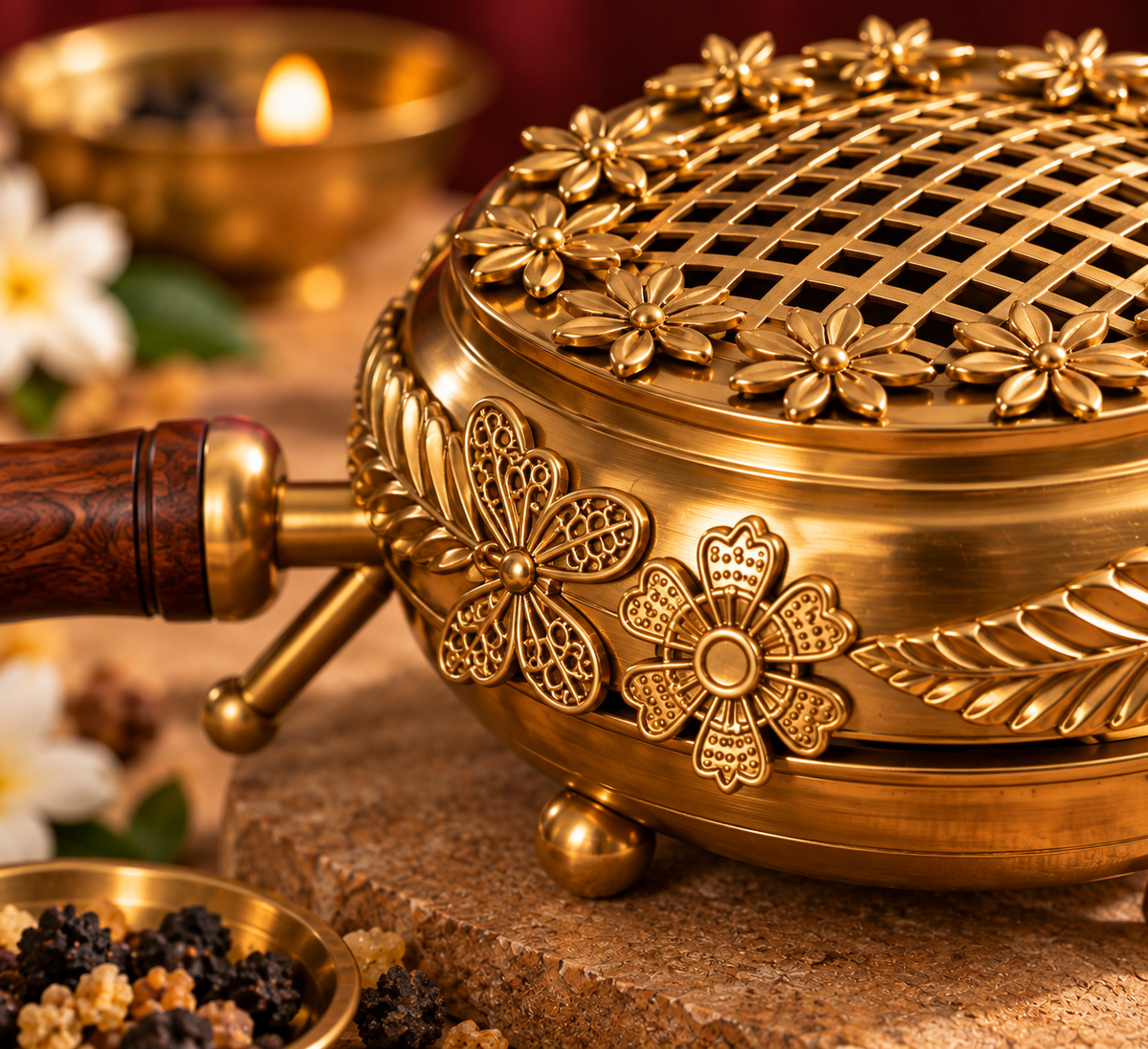 Close-up of the brass dhuni bowl and handle, Nammah Rituals