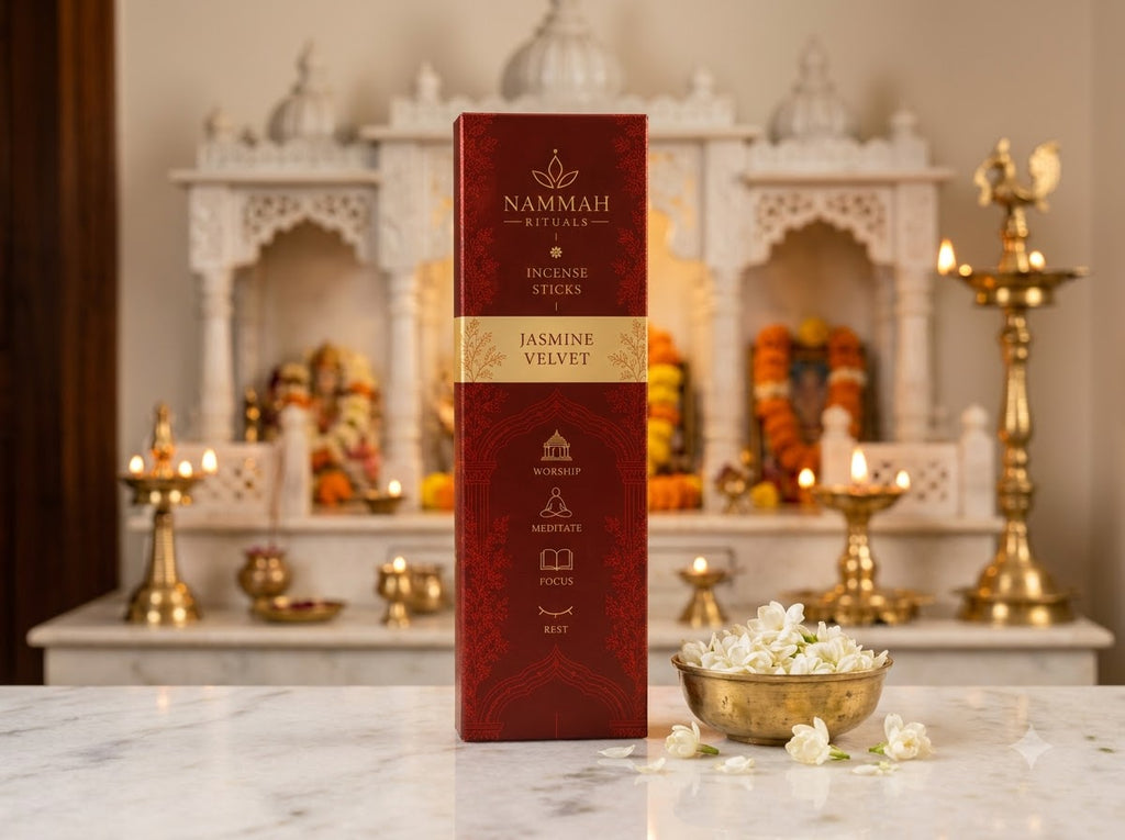 Jasmine Velvet incense box standing on a marble altar before a white temple shrine, with a bowl of jasmine flowers
