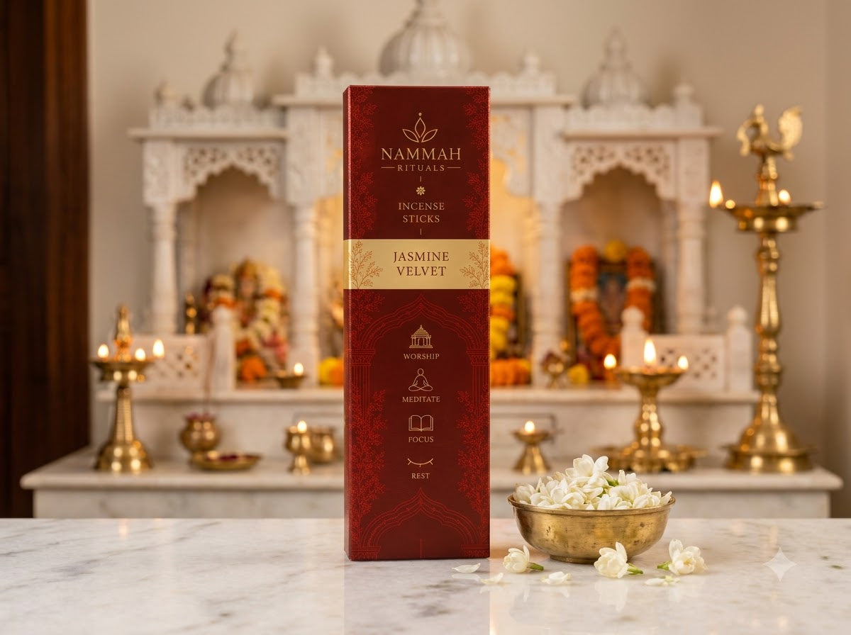 Jasmine Velvet incense box standing on a marble altar before a white temple shrine, with a bowl of jasmine flowers