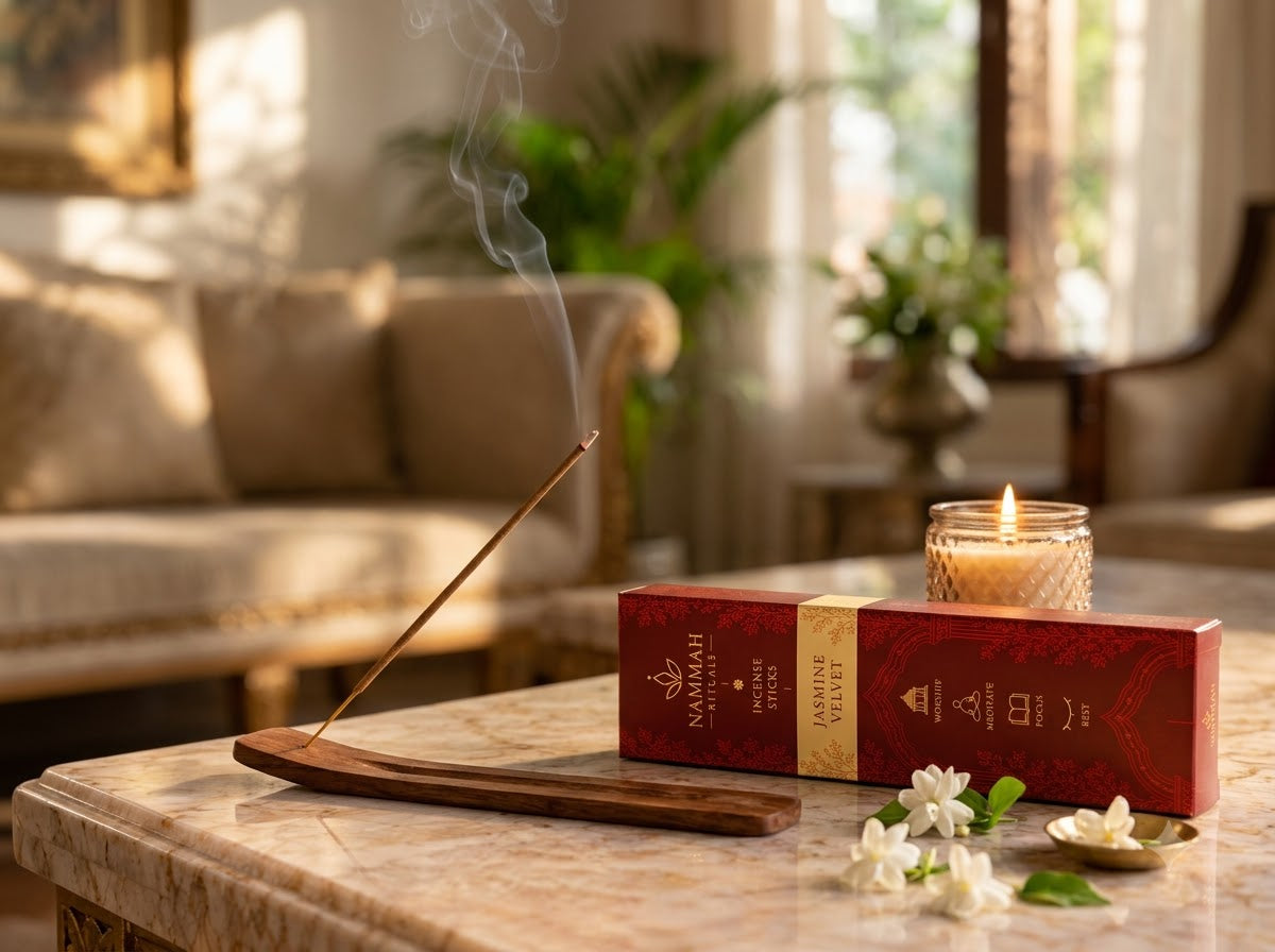 Jasmine Velvet incense stick burning in a wooden holder beside its box, with a lit candle on a marble table