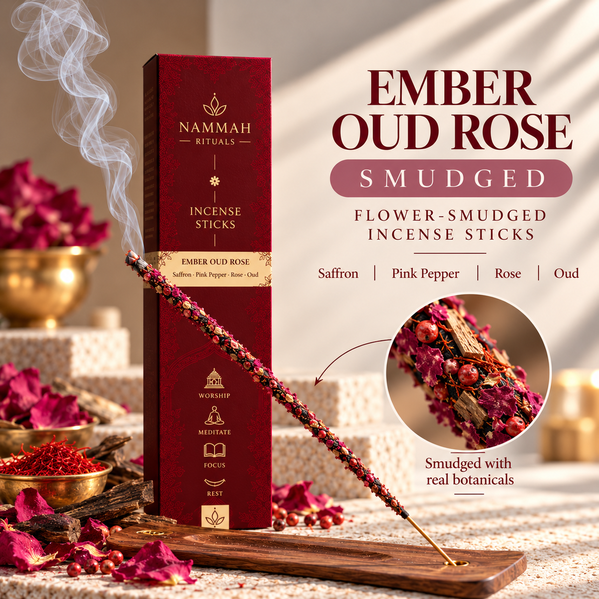 Ember Oud Rose smudged incense by Nammah Rituals