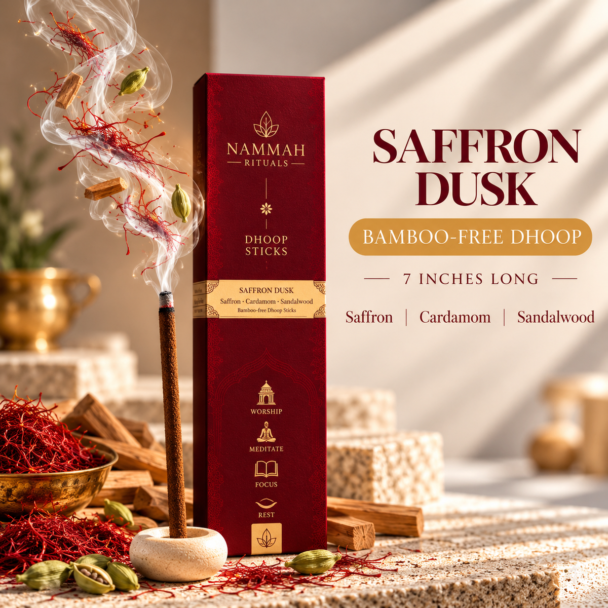 Saffron Dusk bamboo-free dhoop by Nammah Rituals