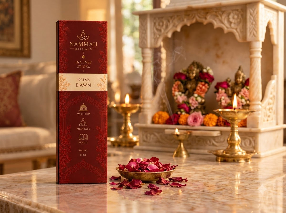 Rose Dawn incense box placed on a marble table before a temple altar, with a bowl of dried rose petals