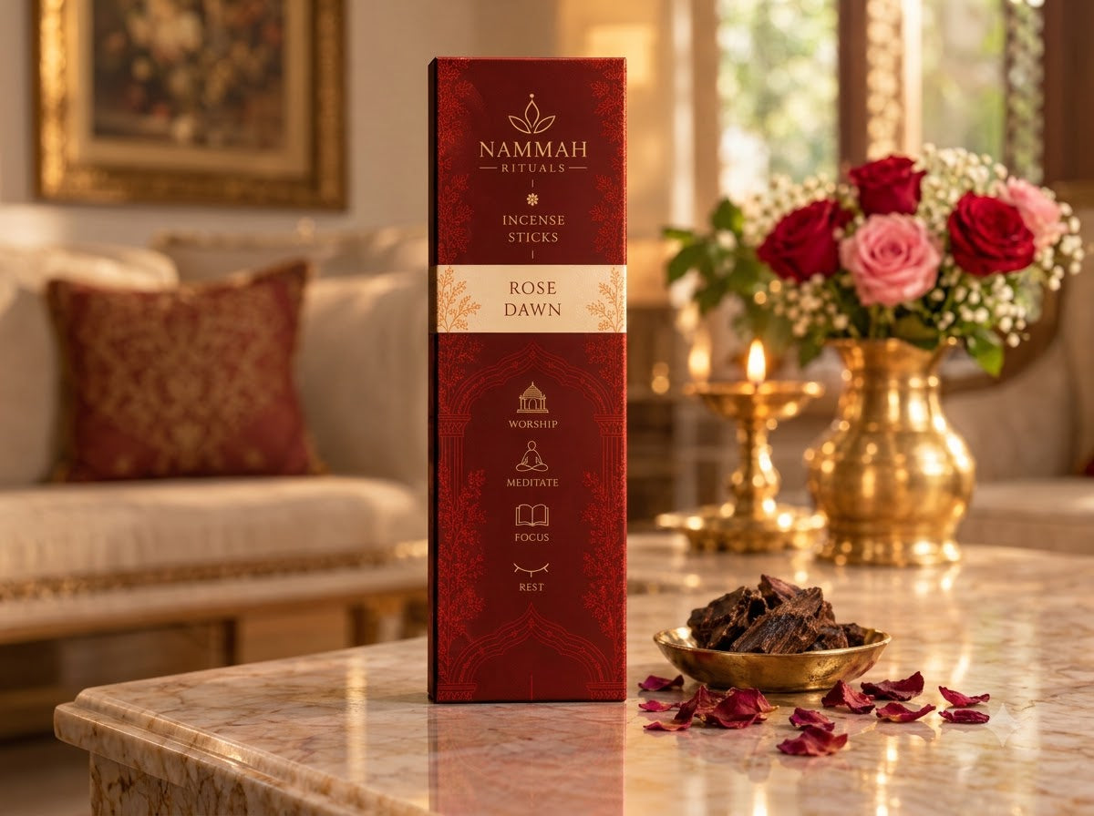 Rose Dawn incense box displayed beside a bowl of rose petals and resin, with fresh roses in the background