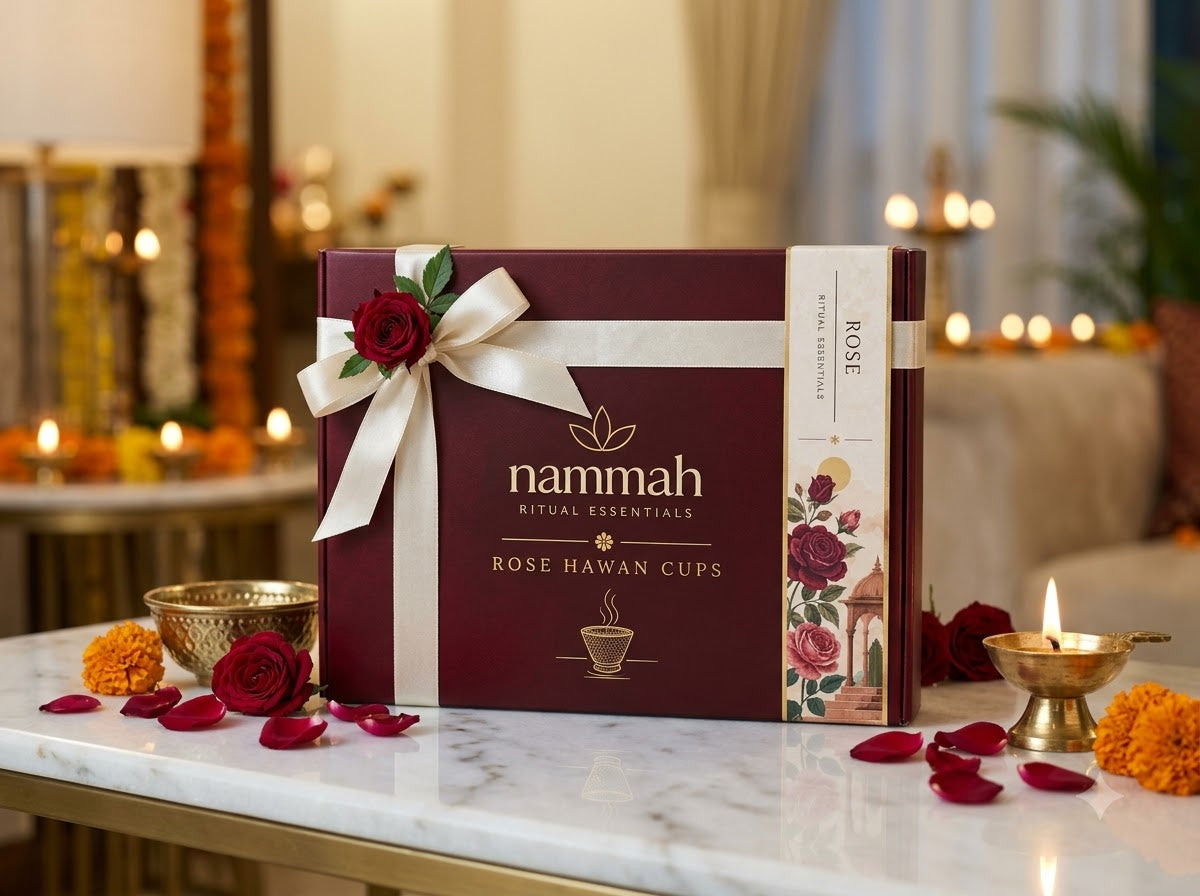 Rose hawan cups box with ceramic holder, Nammah Rituals