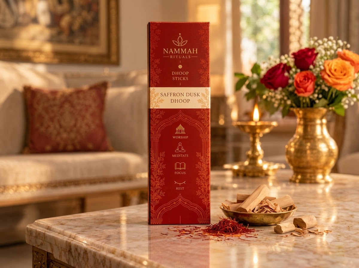 Saffron Dusk Dhoop box displayed on a marble table with saffron threads and sandalwood chips