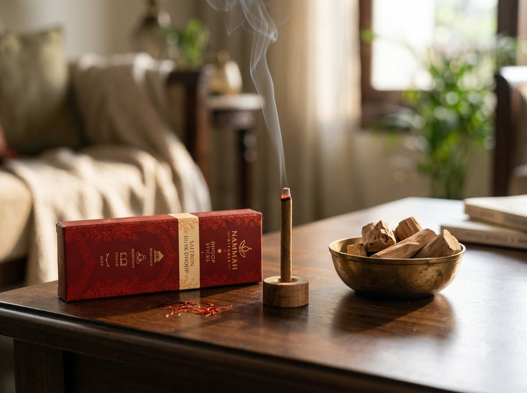 Saffron Dusk dhoop stick burning in a wooden holder beside its box, with saffron threads and a bowl of sandalwood chips