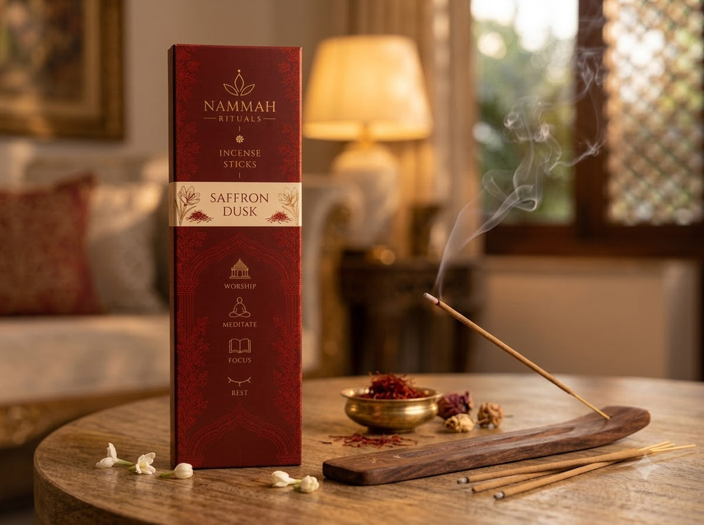 Saffron Dusk kesar chandan incense sticks box, Nammah Rituals